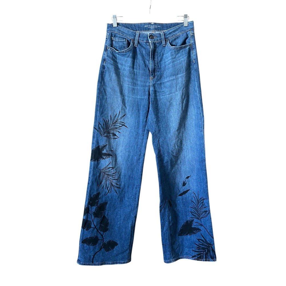 Chico's High Rise Wide Leg Jeans Size 6R Leaf Print Boho Casual Festival